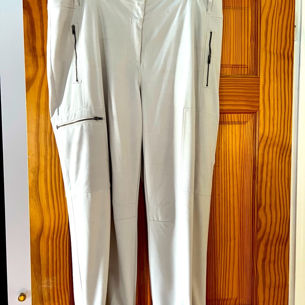 Chico’s cargo pant with adjustable tab to create your own length at bottom.